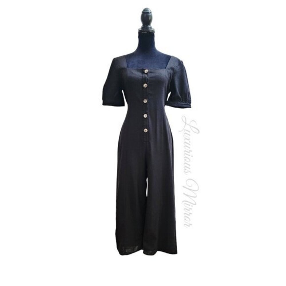 Violet Skies Women's Tie Waist Button Front Wide Leg Linen Jumpsuit Black S NEW